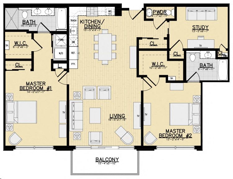 Floor plan for 2 beds, 2.5 baths, 1457 sqft